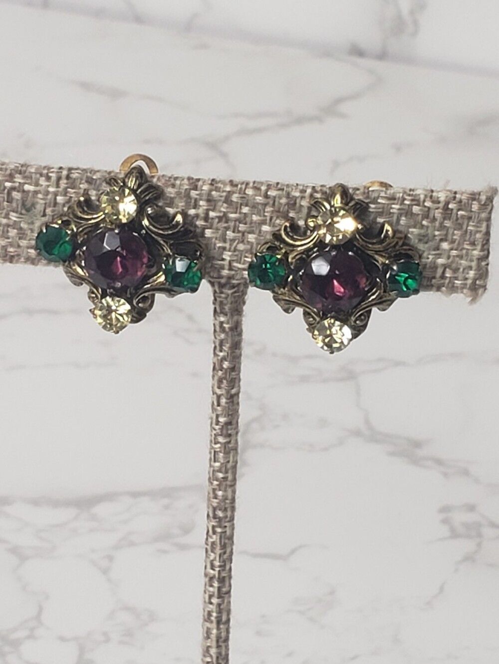 VINTAGE Brass & Rhinestone Clip-On Earrings